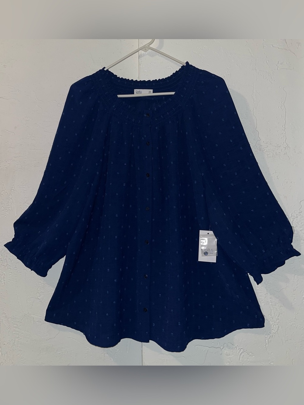 Croft & Barrow Dark Blue Swiss Dot Button Up Front Blouse NWT